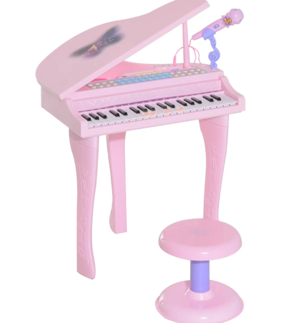 37 Keys Kids Mini Electronic Keyboard Children Grand Piano with Stool Microphone Light Musical Instrument Educational Game Toy Set (Pink)