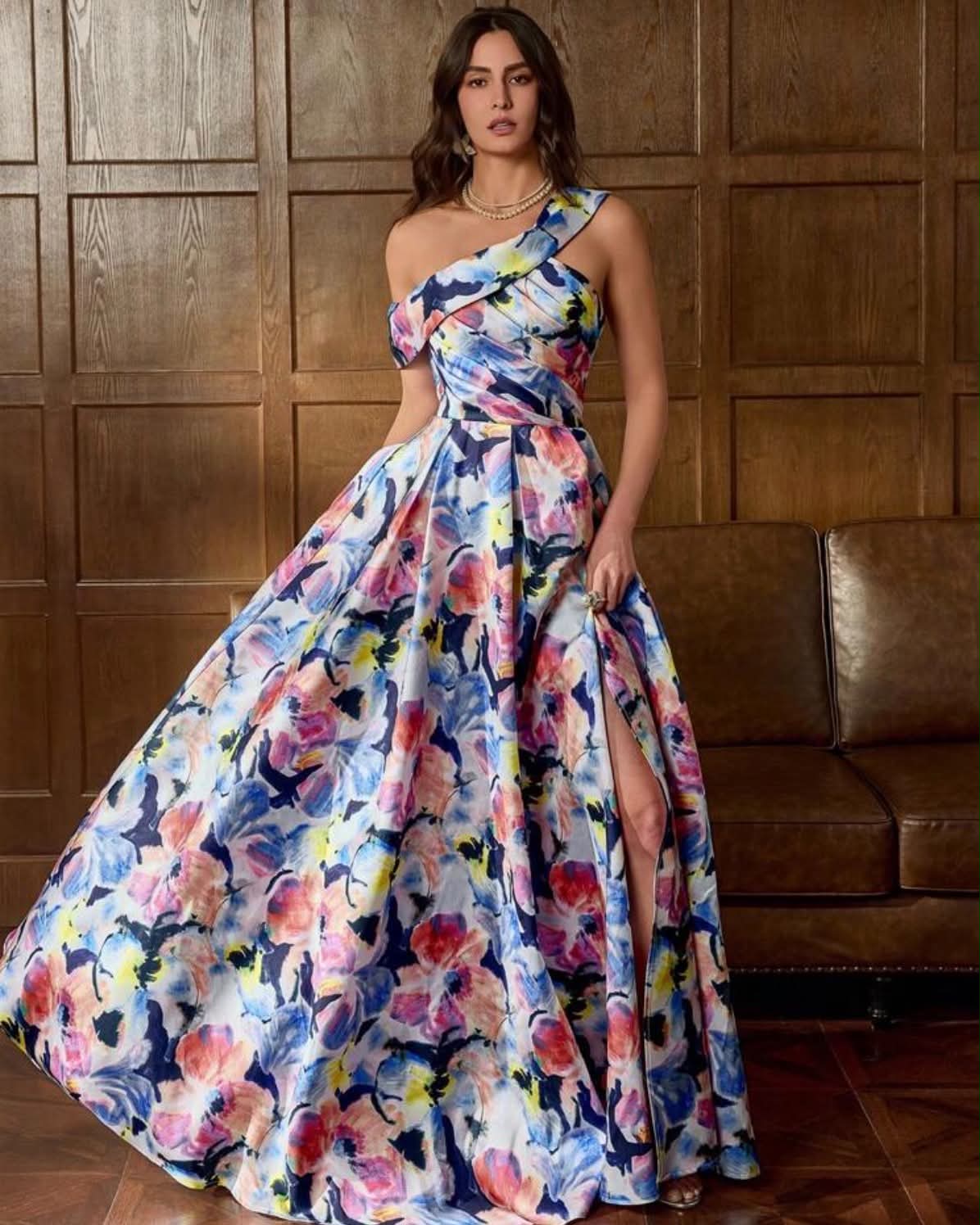 Faeriesty Printing Elegant Floral Satin One-Shoulder Maxi Evening Dress With High-Slit -