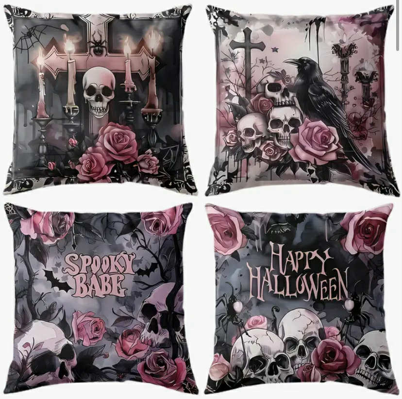 4 pcs Happy Halloween Skeleton Crow Tombstone Flower Bat Pillow Cover Set