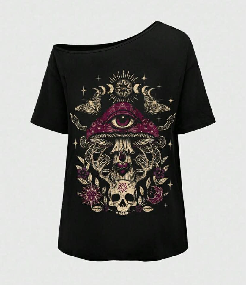 Goth Spring/Summer Plus Size Women Plus Size Distressed Mushroom Skull Eye Print Single Shoulder T-Shirt