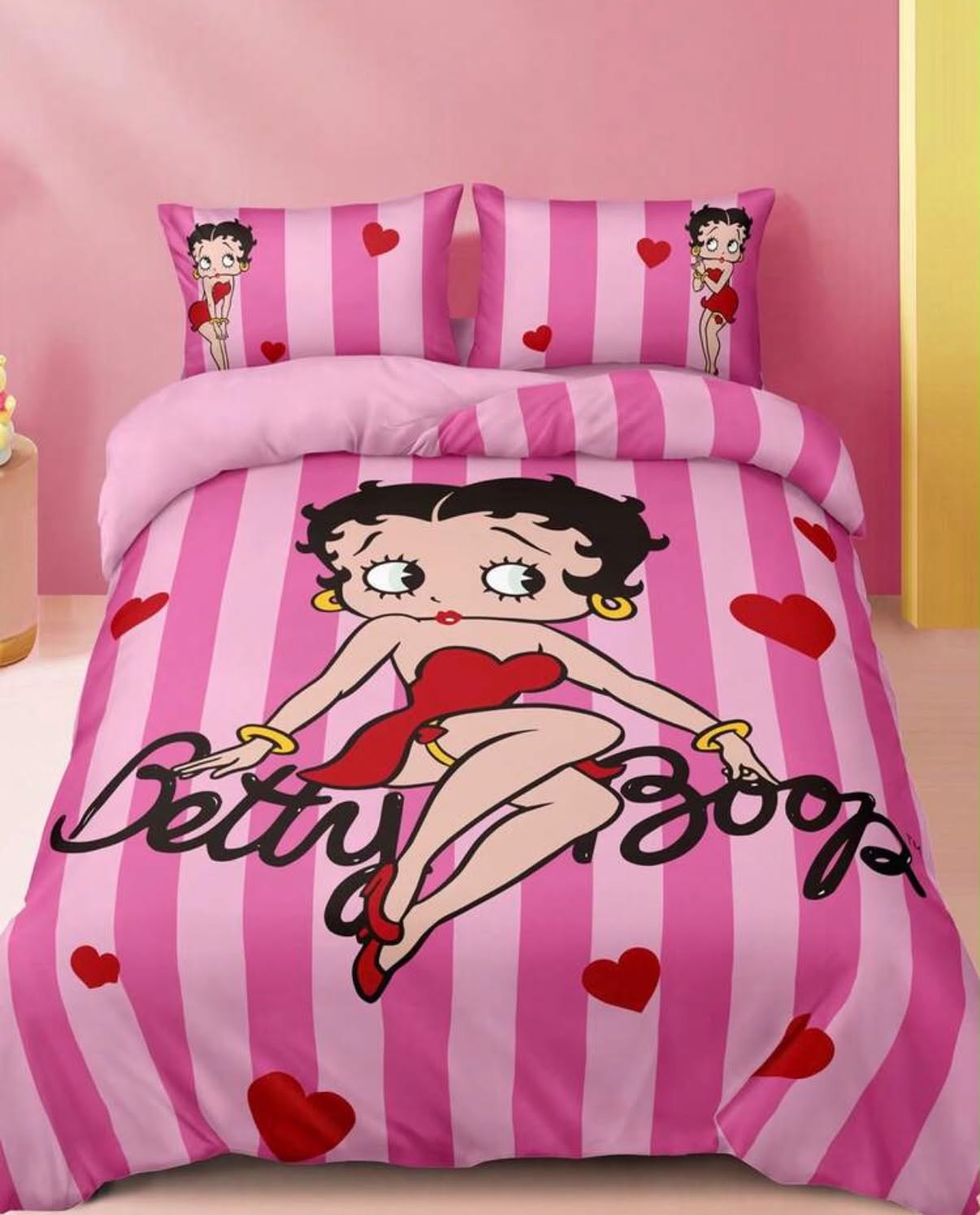 Miss Betty Striped Love Print Pattern Quilt Cover Set, Sanded Material, Soft And Warm