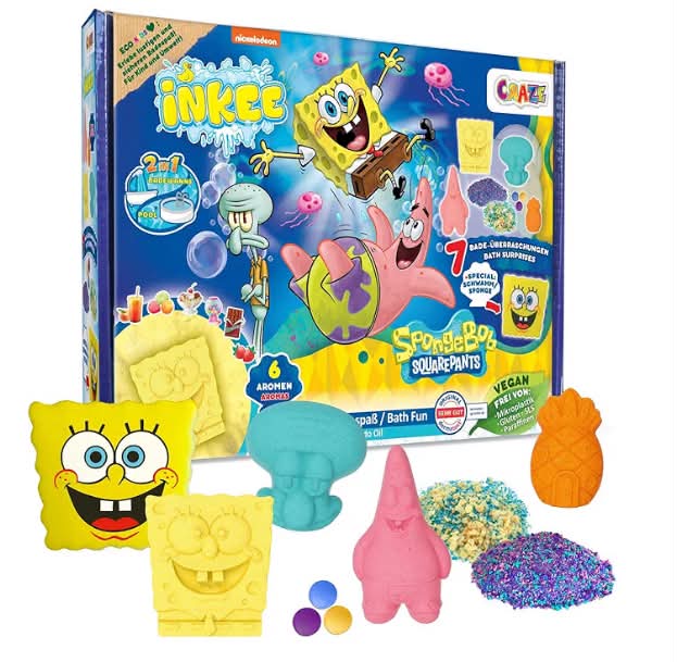 Gift Box Spongebob Bath Set – 7 Bath Additives, Spongebob Bath Bombs & Kids’ Bath Salts with Avocado Oil + Accessory – Toy Gifts for Children Ages 3+