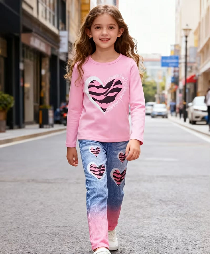 A Two-Piece Set for Girls Featuring a Long-Sleeve Pink Top And Heart-Patterned Faux Denim Pants, Perfect for Outdoor Wear