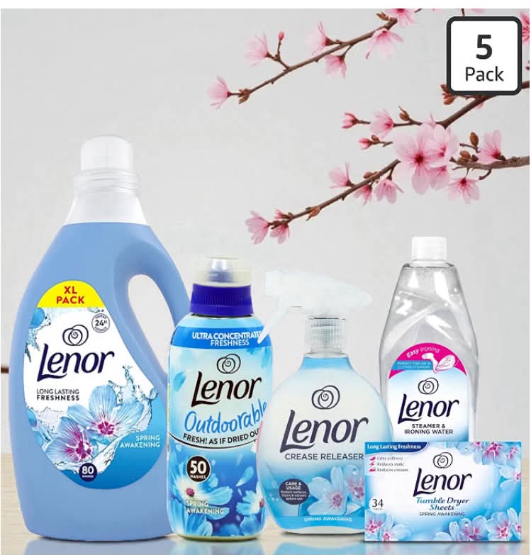 Lenor Spring Awakening Complete Laundry Bundle – Pack of 5 (Fabric Conditioner 80+Outdoorable Fabric Softener 50 washes,Crease Releaser, Ironing Water & Tumble Dryer Sheets)