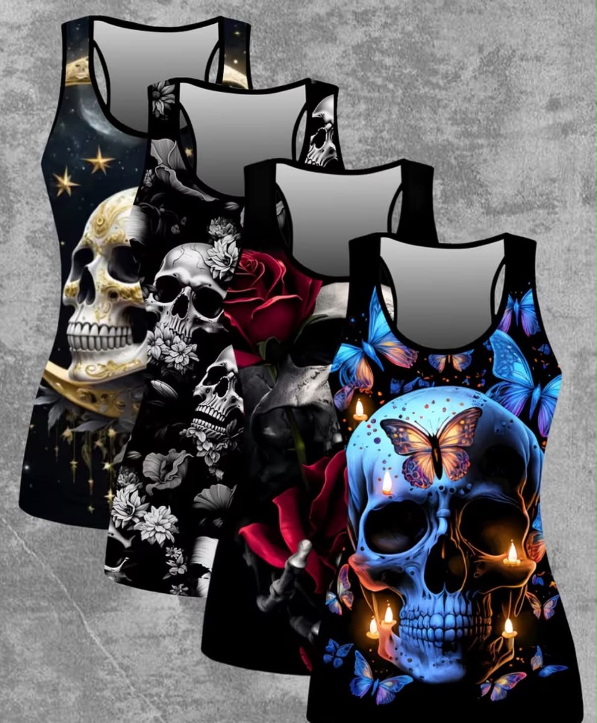 4pcs Set of European And American Women'S Spring And Summer New Style Sleeveless Tank Top Featuring a Creative Digital Print of Butterflies And Skulls