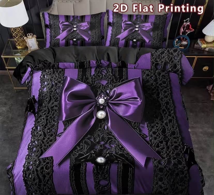 Bow Lace Bat Duvet Cover Set, Elegant Print, Gothic Theme, Breathable Polyester, All-Season, Machine Washable,