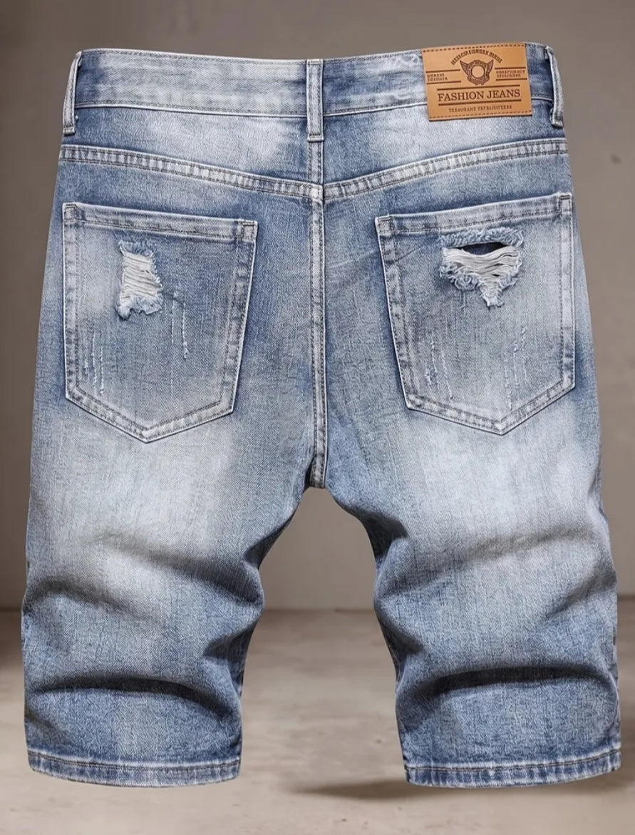 Men's Summer Ripped Denim Shorts Vintage Trendy Men's Denim Knee-Length Pants - Youth Distressed High Street Style Personality Ragged Beggar Style Mid-Length Pants, Men's Straight-Leg Shorts
