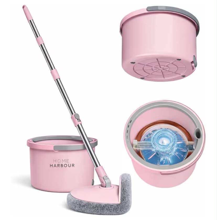 Spin Mop And Bucket Set 2 in 1 360° Quick Spinning Clean and Dirty Water Separation Wringing System Rotating Suitable for All Flooring With Handle 2 Microfibre Mop Velcro Head (Pink)