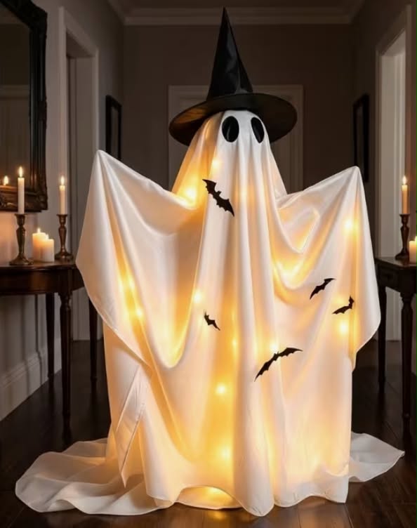 1 Set (3pcs) Halloween Wizard Hat Bat-Pattern Large Light Display Prop, 1.5m/59inch, 1 Bat-Pattern White + 1 Wizard Hat + 50 LED String Lights, Floor Standing, Suitable for Entryways, Doorways, Living Rooms, Etc., Includes Metal Wire for Adjustable