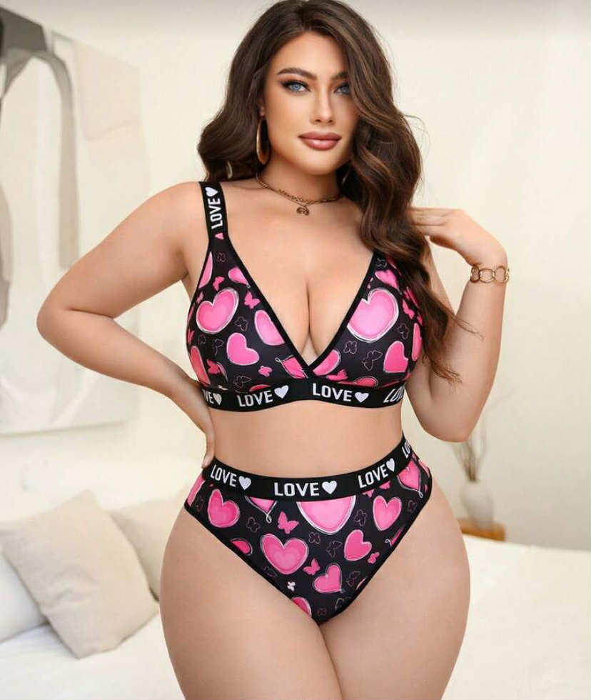 Fashionable & Comfortable Women's Letter & Heart Print Lingerie Set
