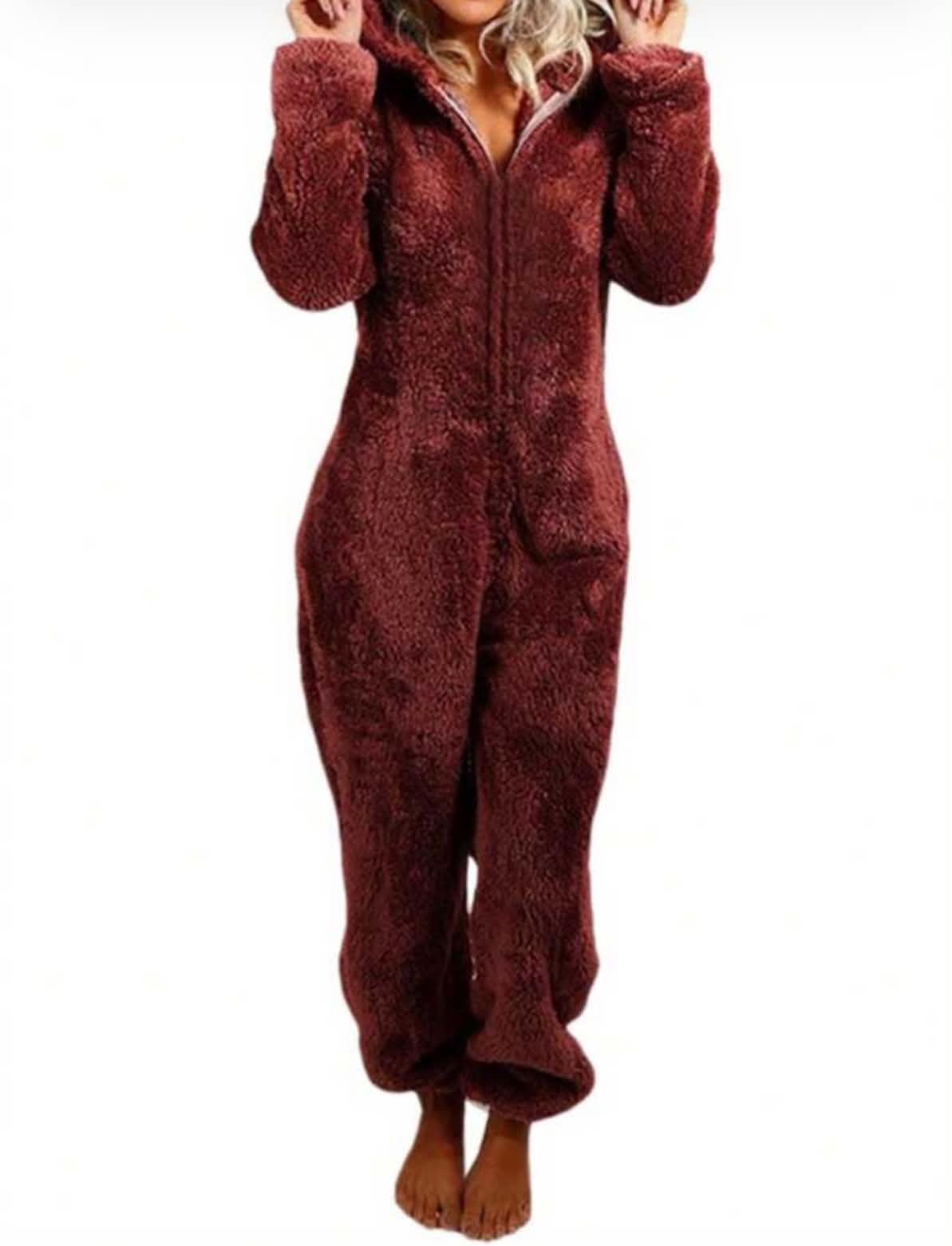 Women Thick Plush Sleeping Romper With Bear Ear Hat, Long Sleeve Zipper Hooded Jumpsuit