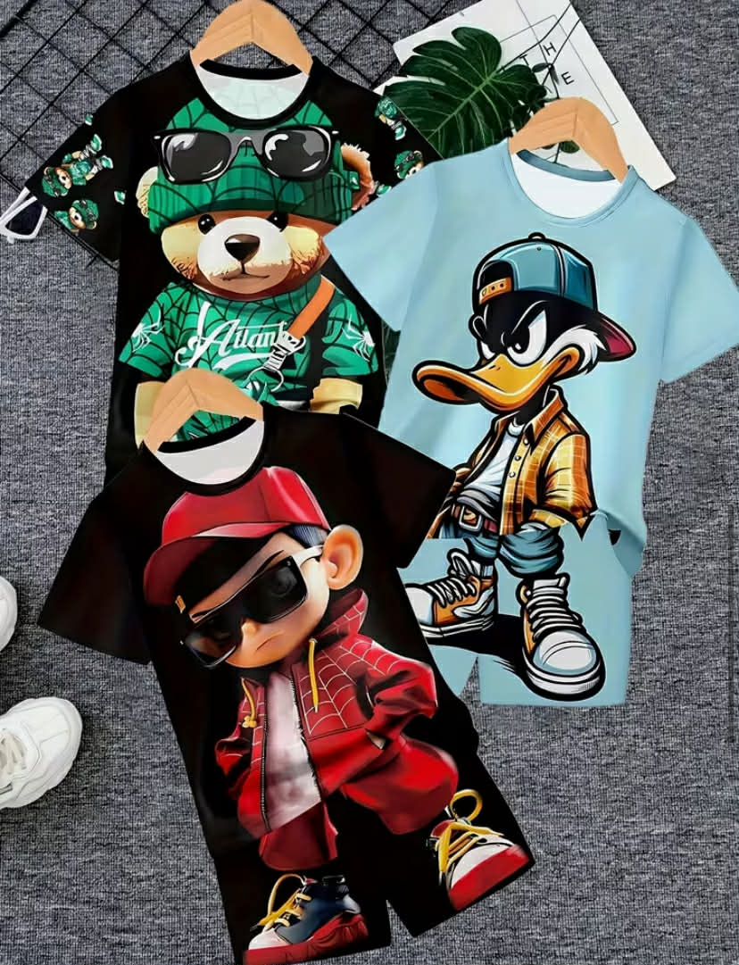 6pcs Set, Boys Fashion 3D Printing Casual Short-sleeved Shorts T-shirt Spring and Summer Jumper Short-sleeved Shorts