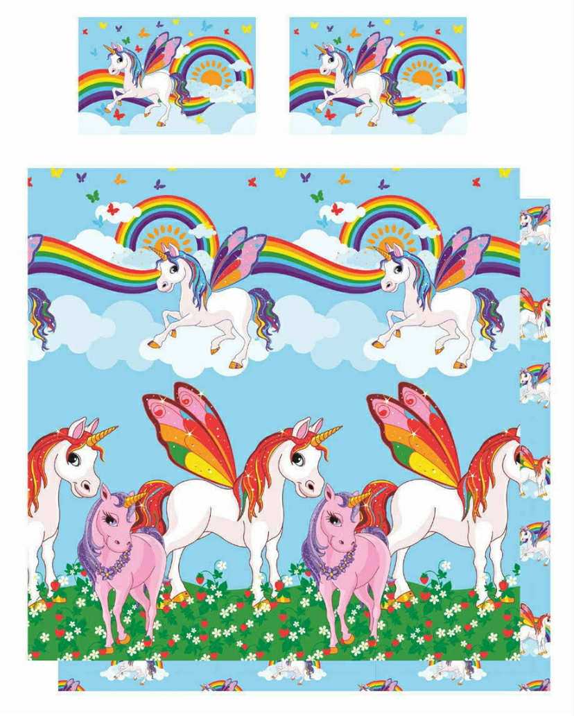 Rainbow Unicorns Double Reversible Duvet Cover and Matching Pillowcase Set Kids