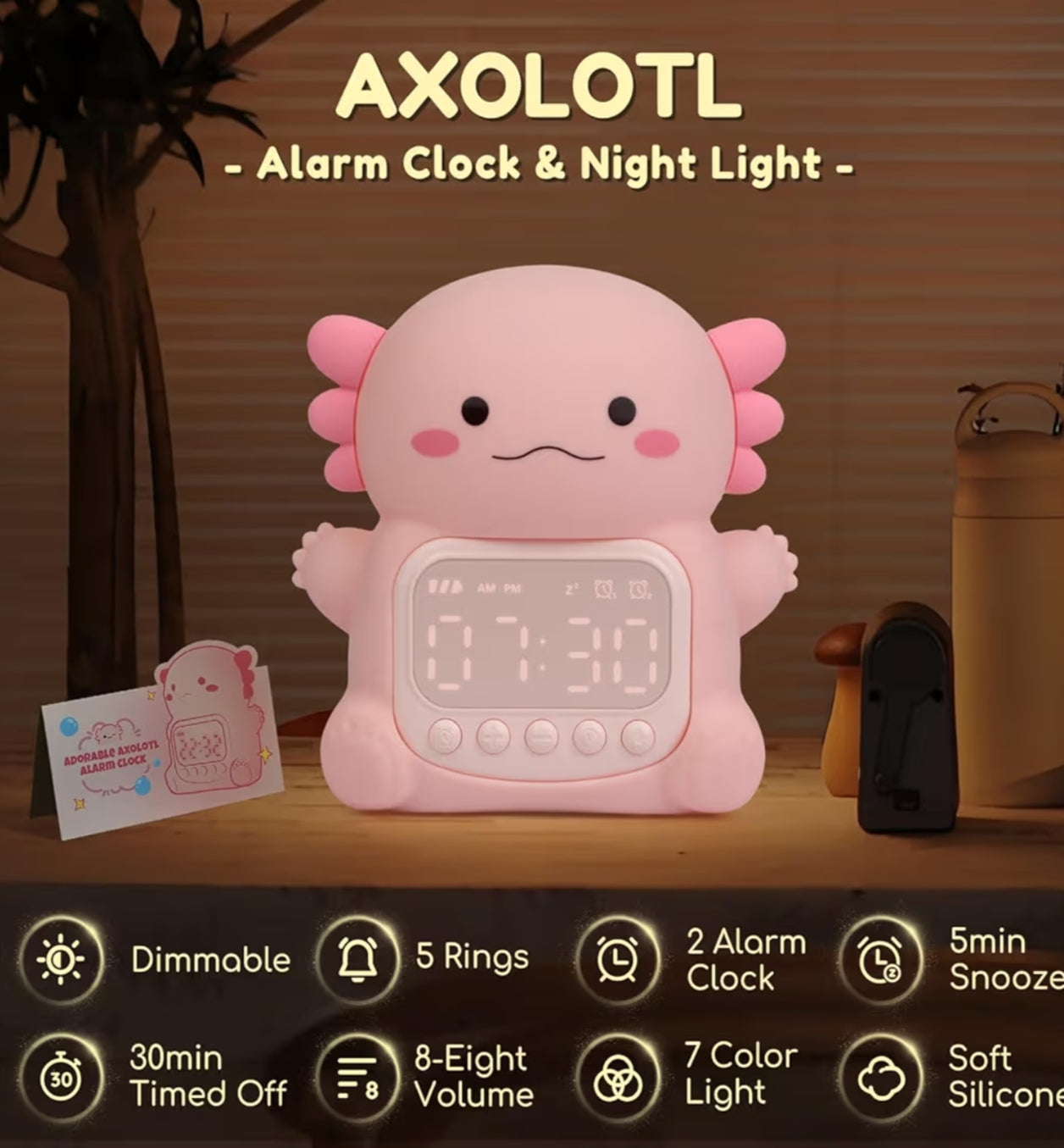 Axolotl Alarm Clock with Night Light for Kids,