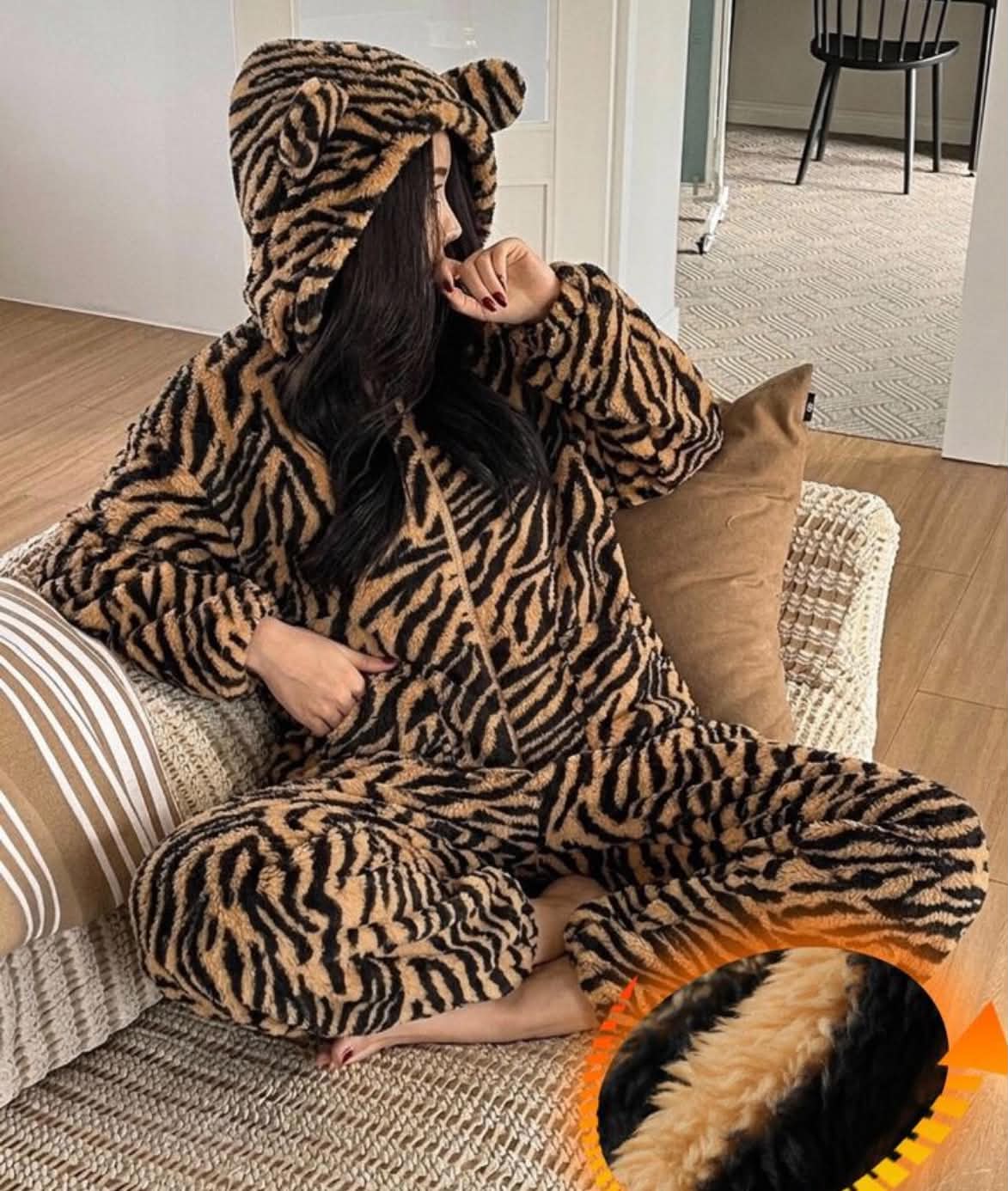 Zebra Striped or spotty 3D Ear Design Hooded Flannel Sleep Jumpsuit Fall
