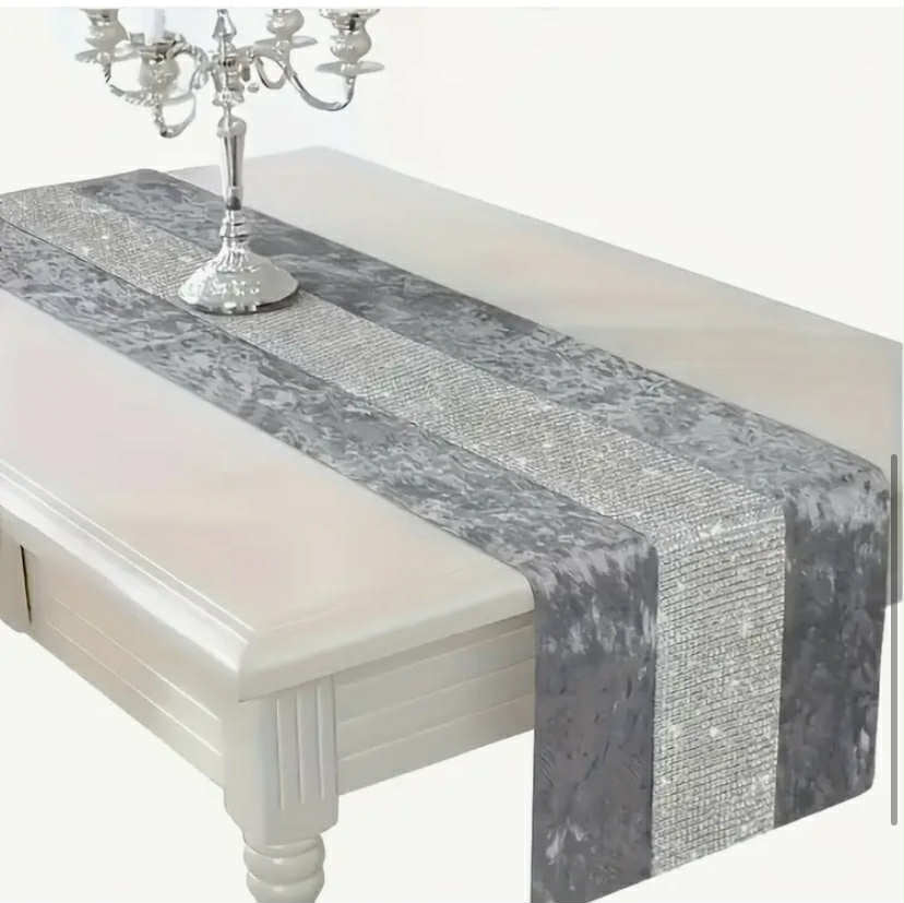 1pc Elegant Modern Gray Marble Table Runner with Sparkling Diamond Print - 2D Flat Print Polyester, Perfect for Dining Tables, Coffee Tables