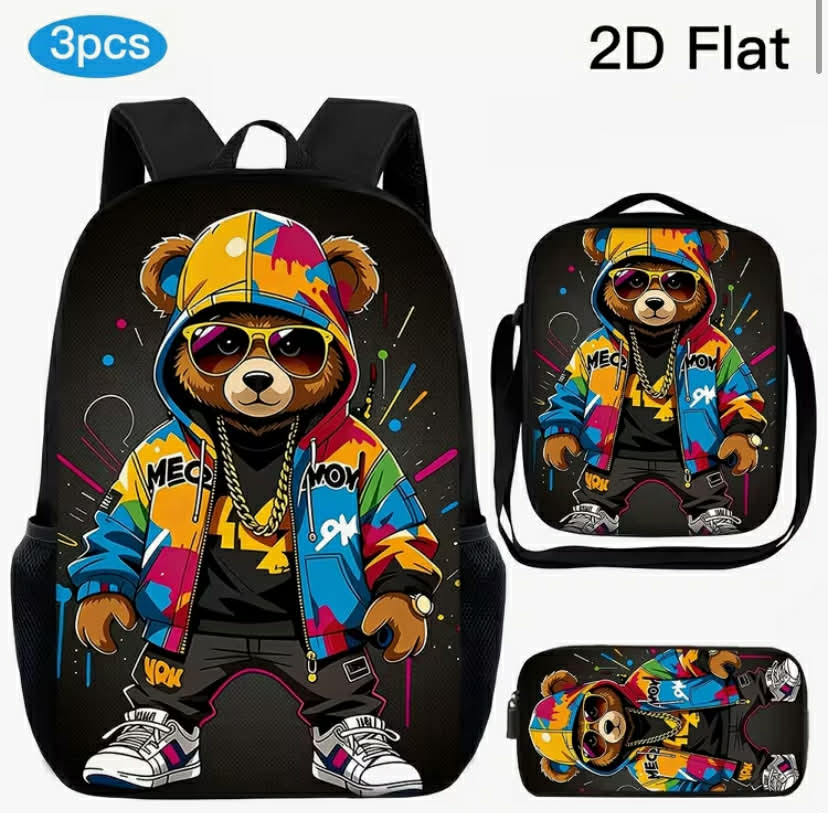 3 pcs Unisex Large Capacity Backpack Set, Street Style with Cool Bear