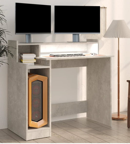 (Concrete grey) vidaXL Desk with LED Lights Computer Table Study Writing Desk Engineered Wood