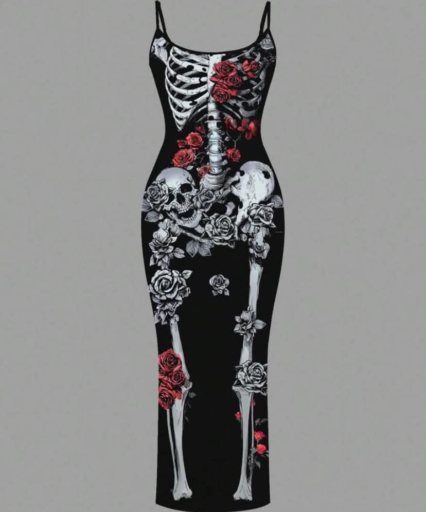 Plus Size Skeleton Rose Print Casual Dress,