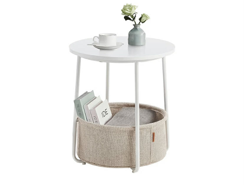 Small Round Coffee Table, Side Table with Fabric Basket, Storage for Living Room, Bedroom, Modern Style, Matte White and Camel Brown