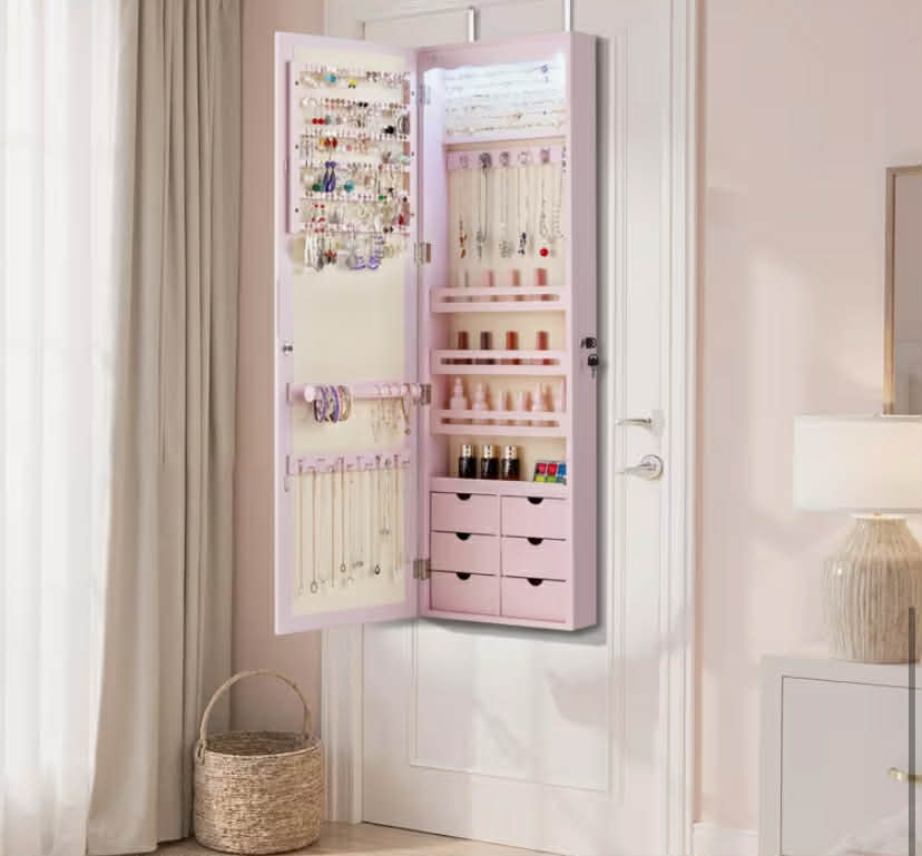 Lockable Mirror Jewelry Cabinet with 6 Drawers & 4 Shelves - Full-Length Mirror Door Armoire Suitable for &, Pink MDF Dresser Organizer (No Assembly), Jewelry Armoires