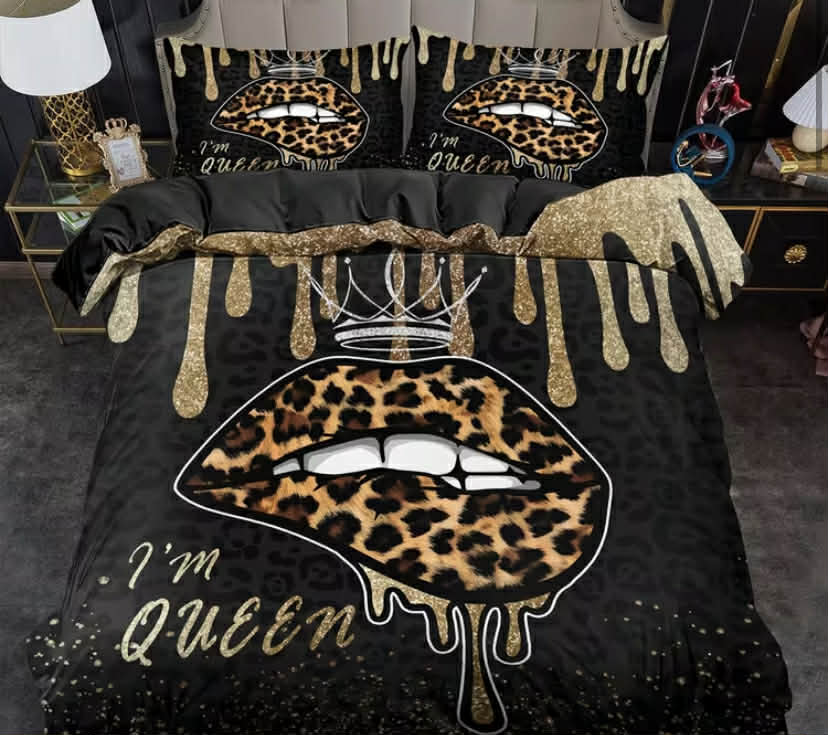 Black Duvet Cover Set, Leopard Lips Print Quilt Cover Set