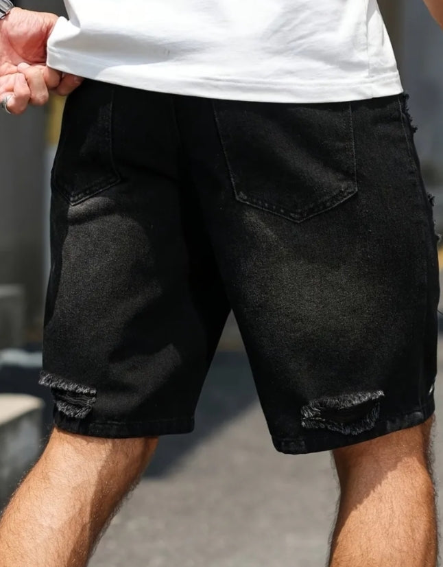 Men's Summer Ripped Print Casual Non-Stretch Black Denim Shorts