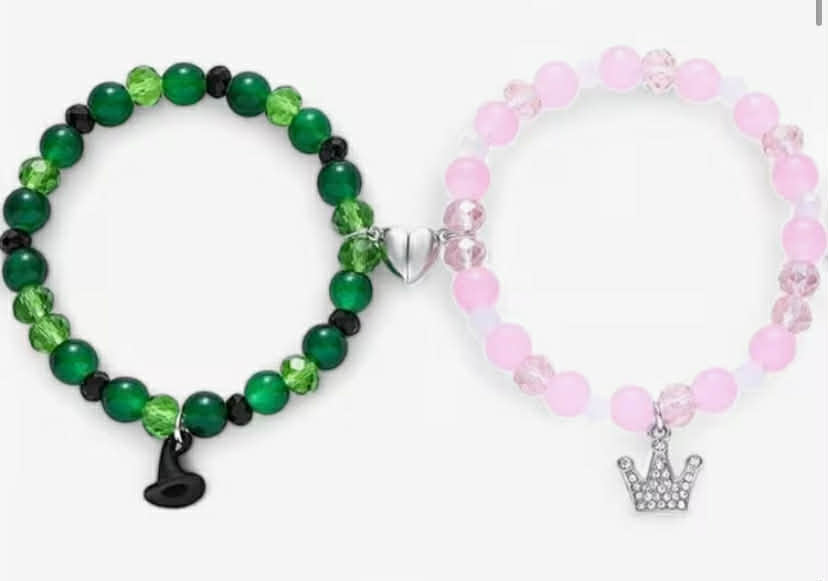 Green and Pink Friendship Bracelet Black Hat Charm and Crown Charm Beaded Bracelet