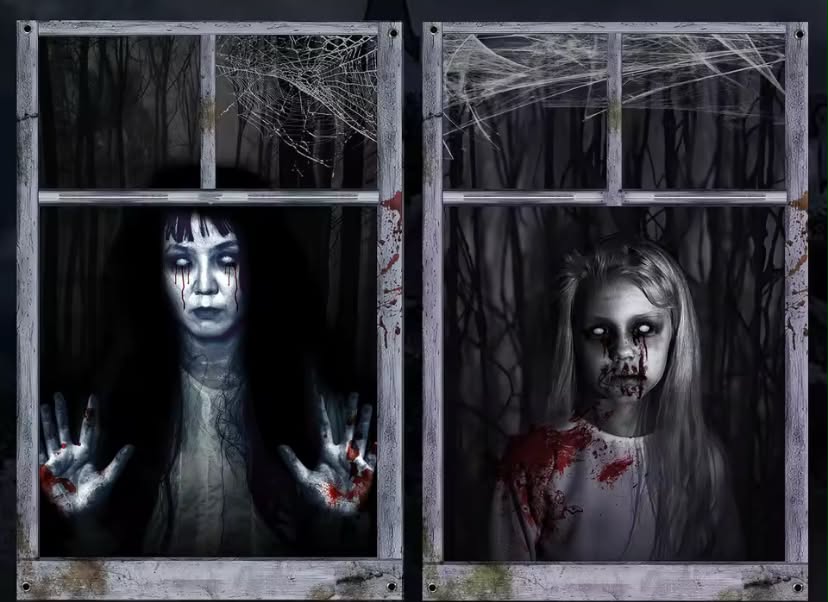 2 Pack Halloween Ghost Curtain Decorations - Female Ghost Window Cover for Indoor/Outdoor Party Decor