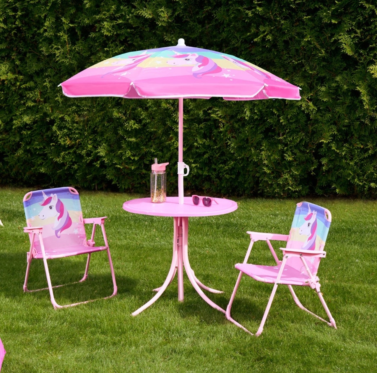 Kids Unicorn Print Bistro Set with Parasol