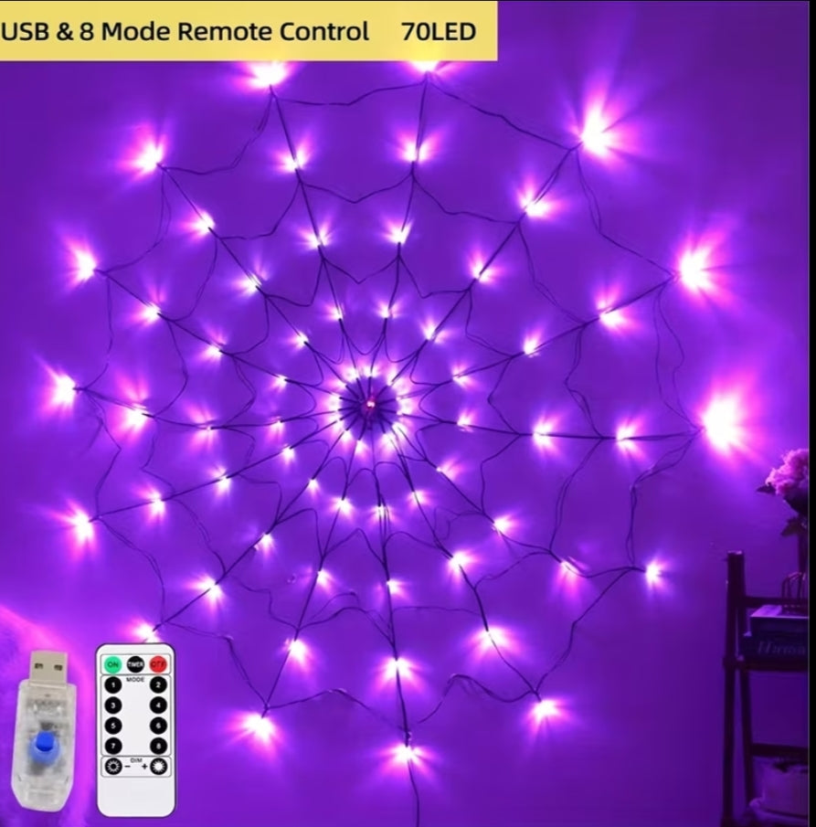 1pc,Halloween Spider Web Lights, 70 LED Purple,Orange, Halloween Light String 8 Modes, Net Lights for Party, Bedroom, Bar, Haunted House, Halloween Decoration(Purple,Orange)