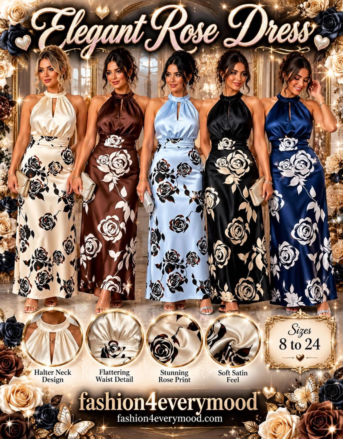 Elegant Rose Satin Maxi Dress