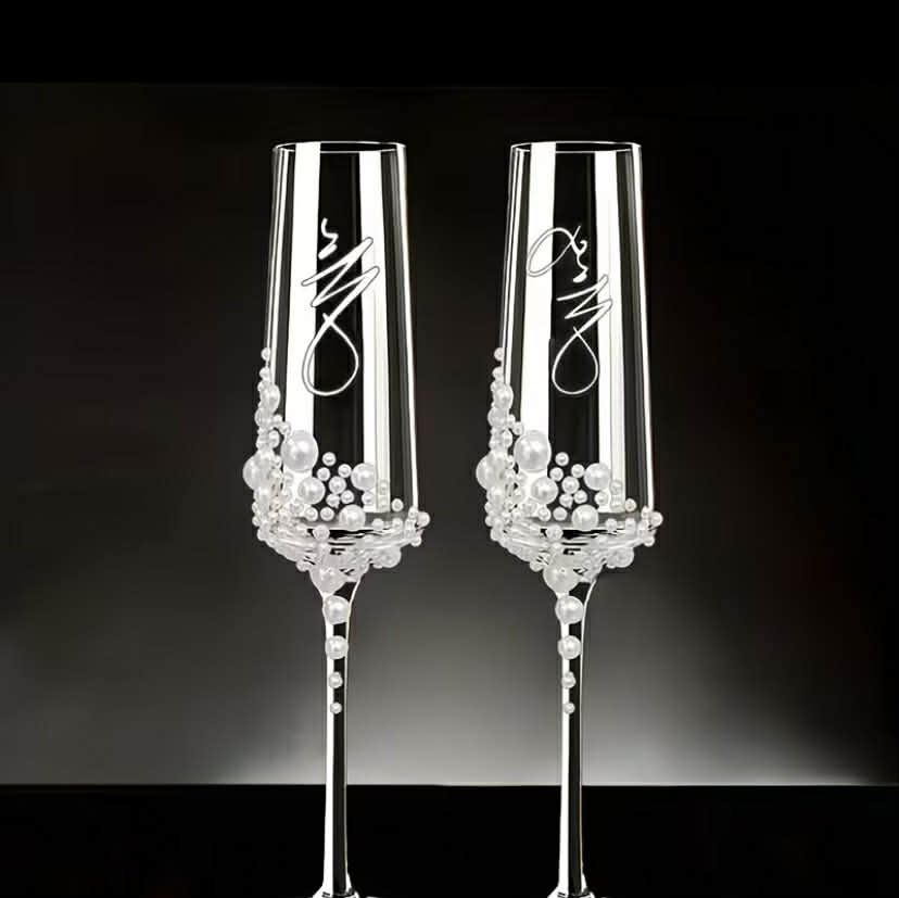 2 pcs MR & MRS Wedding Champagne Glasses with Pearl Inlay, Bride and Groom