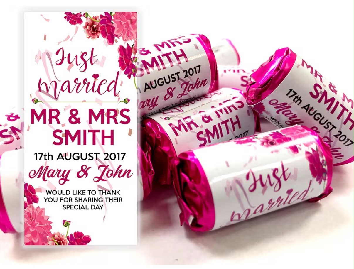Personalised Mini Love Hearts Wedding Favours Just Married for Guests Gift Thank You Table Favours. Each roll Contains 7 Individual Sweets Suitable for Vegetarians (10)