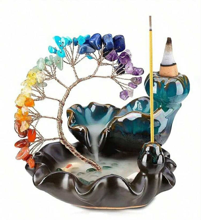 1 pc Waterfall Incense Burner, Ceramic Incense Holder With Rose Quartz Crystal Tree