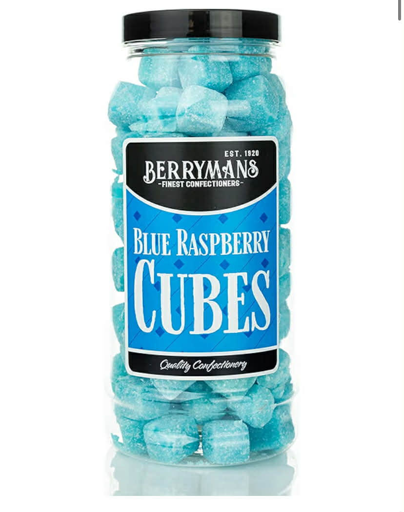 Original Blue Raspberry Cubes Retro Boiled Sweets Gift Jar by Berrymans Sweet Shop - Classic Sweets, Traditional Taste.