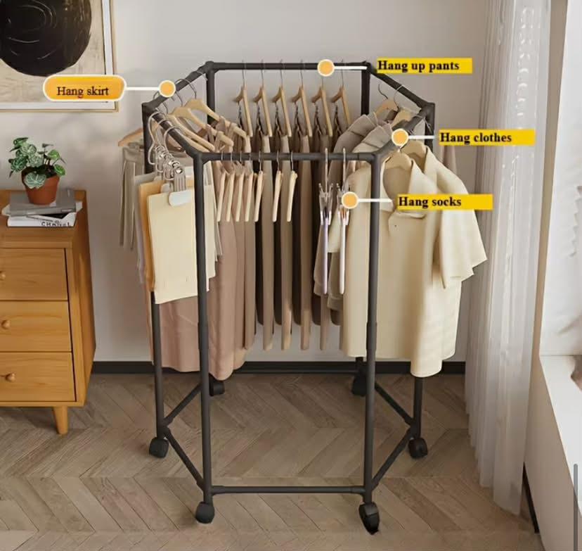 Hexagonal Rotating Clothes Rack with Wheels - Sturdy 16Mm Metal Tubes, Independent Hanging Design, Portable, Efficient Clothing Storage And Display,