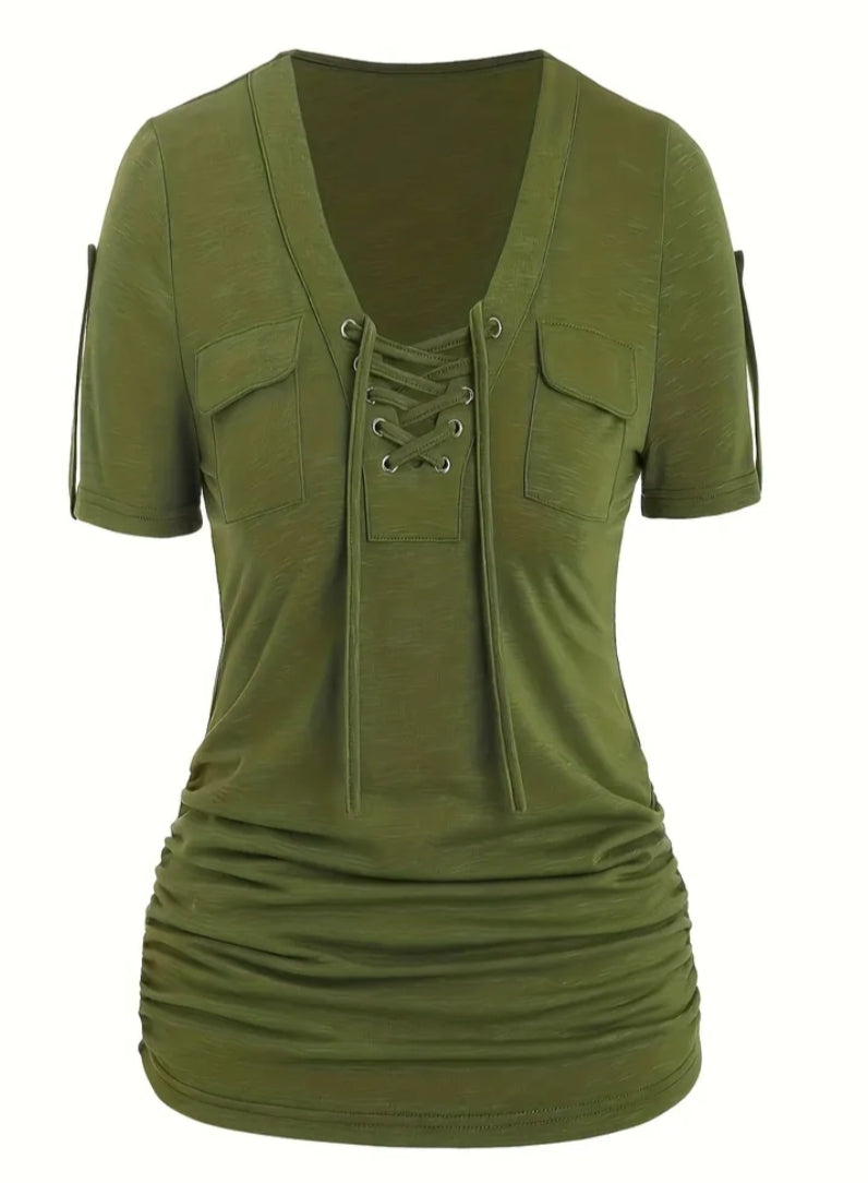 Plus Size -Designed Casual Style Front and Center Eyelet Lace-Up Short Sleeve T-Shirt