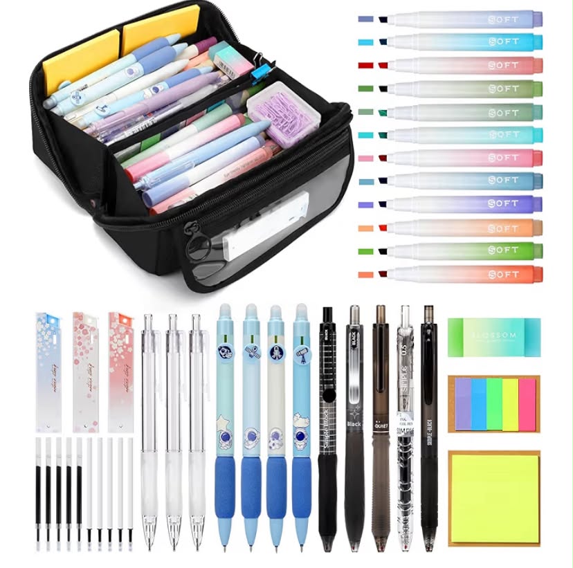 Pencil Case with Stationery Included, 40 Pcs School Stationery Set with 12 Highlighters, 3 Mechanical Pencils, 5 Gel Pens & 4 Erasable Pens, Filled Large Capacity Pencil Case for Girls, Blue
