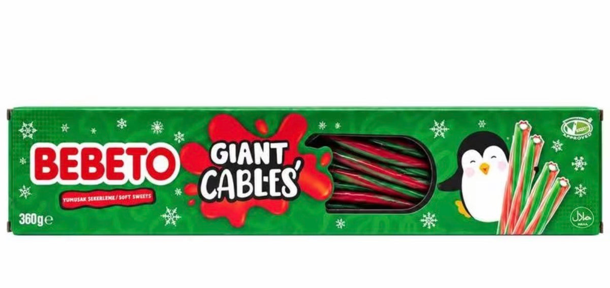 Bebeto Giant Cables 360g – Christmas Sweets, Red & Green Candy Cables, Vegan Halal Soft Sweets, Festive Xmas Treats, Sharing Box & Stocking Fillers