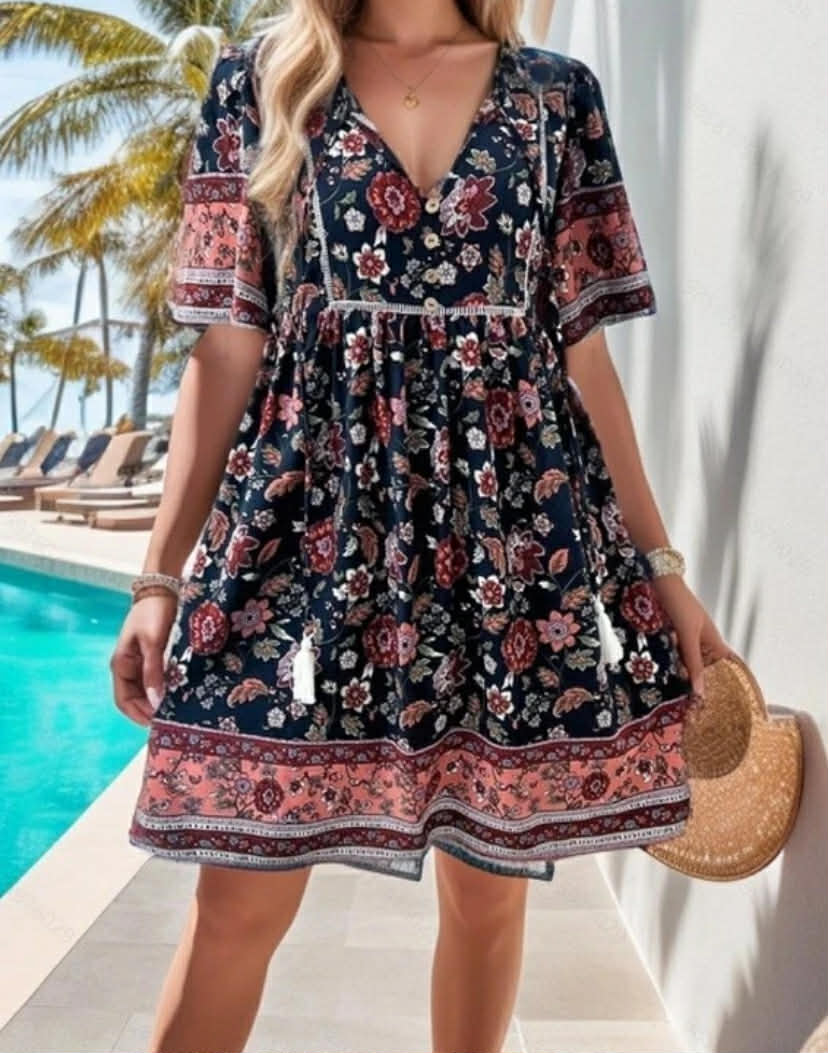 Summer V Neck Short Sleeve Holiday Beach Floral Loose Dress