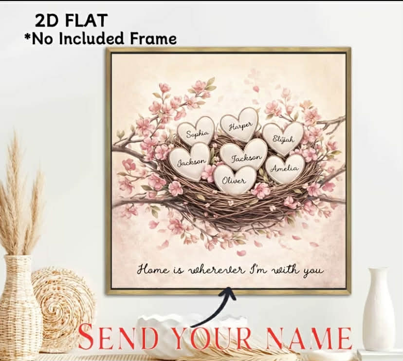 Custom 2D Flat Frameless Canvas Wall Art - Personalized Vintage Floral Nest & Heart Names High Definition Print,