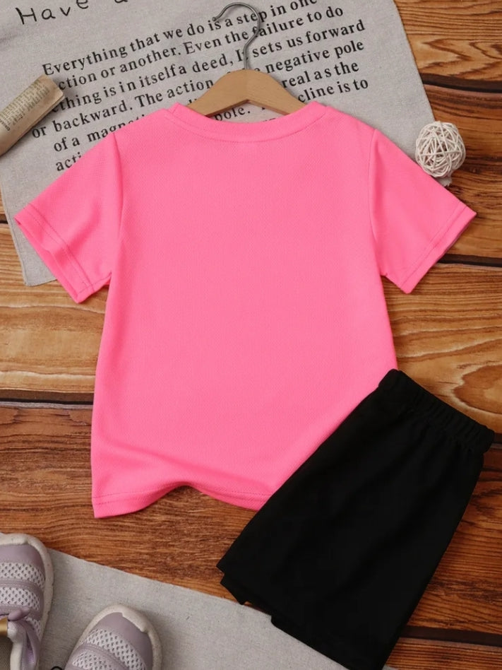 New Girl "Just Call Me" Fun Letter Print T-Shirt and Shorts 2 pcs Set, Round Neck Spliced Short Sleeve Top + Shorts,