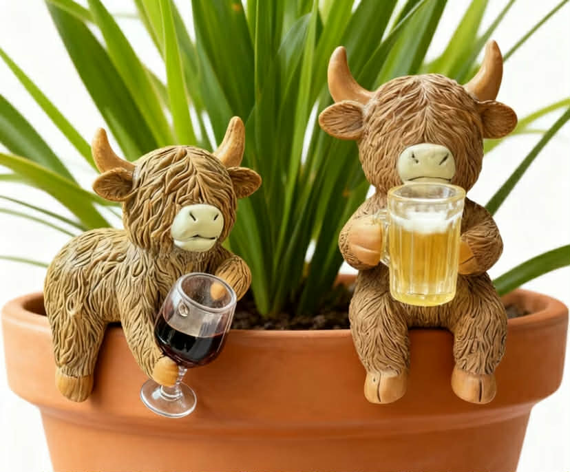 Set of 2 Highland Cow Resin Figurines with Drinking Glasses, Great for Adorning Plant Pots, Gardens, Aquariums, And Patios, Excellent Presents for Loved Ones