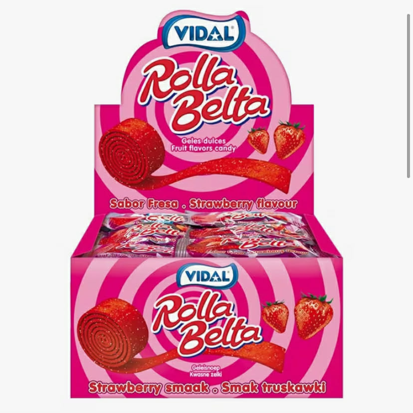 Vidal - Rolla Belta Strawberry Belts Rolls (20g Individually Wrapped) - Bulk Box of 24