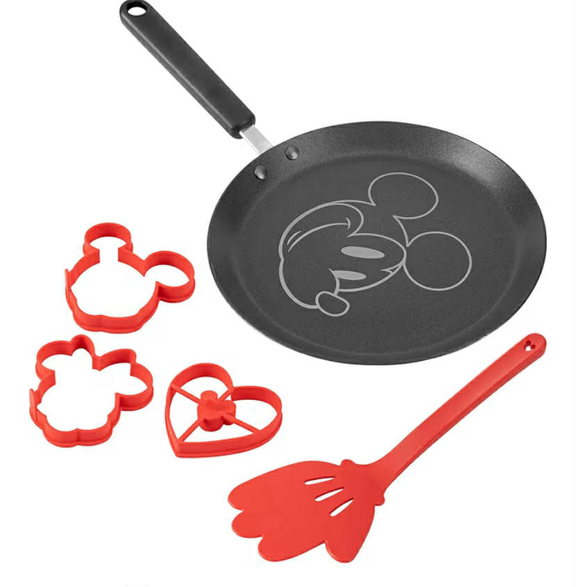 Disney Pancake Pan Pancake Day Set, Pancake Turner/Mini Pancake Mould Set x 3 / 24cm Pancake Pan, Grey, Red