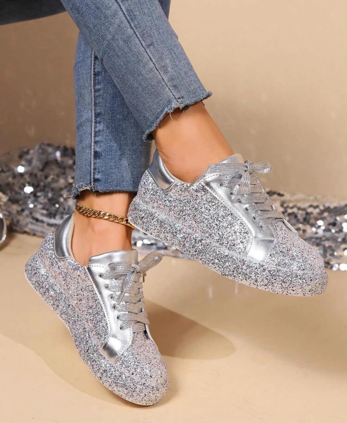 Fall/Winter Women's Fashionable Lace-Up Flat Casual Sports Shoes With Glitter Decoration, Daily Flat Shoes,Sneakers For Women