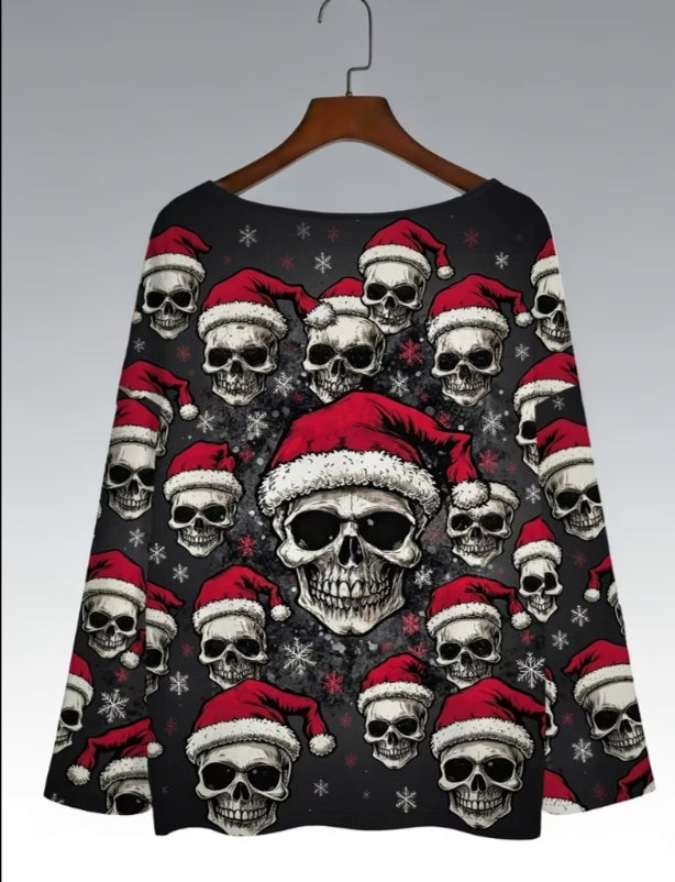 Plus Size Women's Punk Gothic Christmas Skull & Snowflake Print T-Shirt - Loose Fit Base Layer Top with Round Neck, Machine Washable
