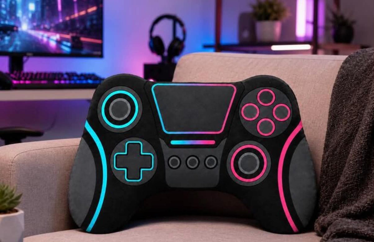 Black Neon Game Controller Shaped 2D Flat Print Plush Pillow,