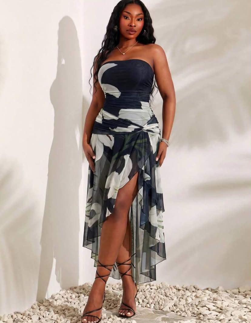 Plus Size Sage Summer Elegant Vacation Holiday Dress,Knit Mesh Strapless Knotted Waist Split Hem Tiered Ruffles Slim Flowing Bohemian Dress